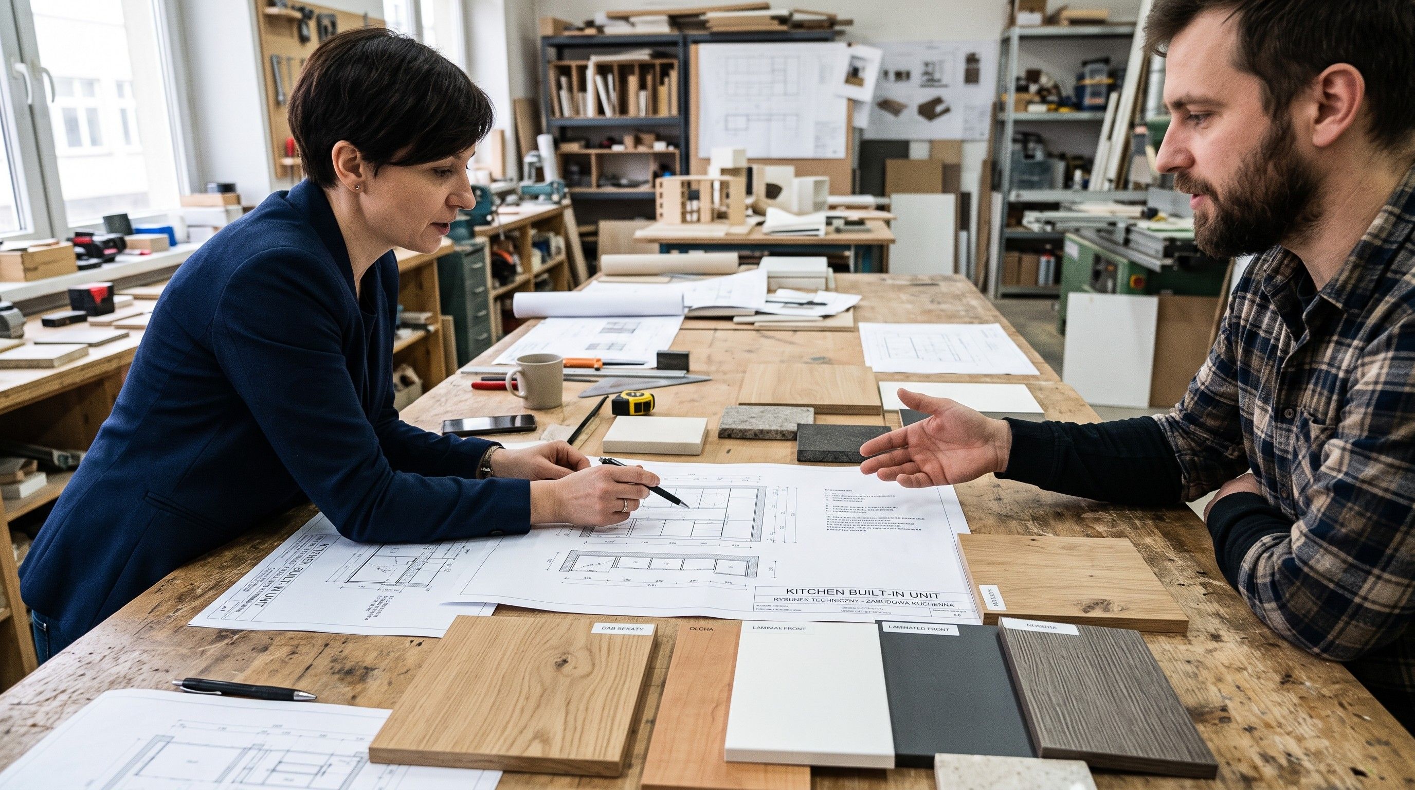 Architektka i koordynator pracowni omawiają rysunek zabudowy przy próbkach materiałów
