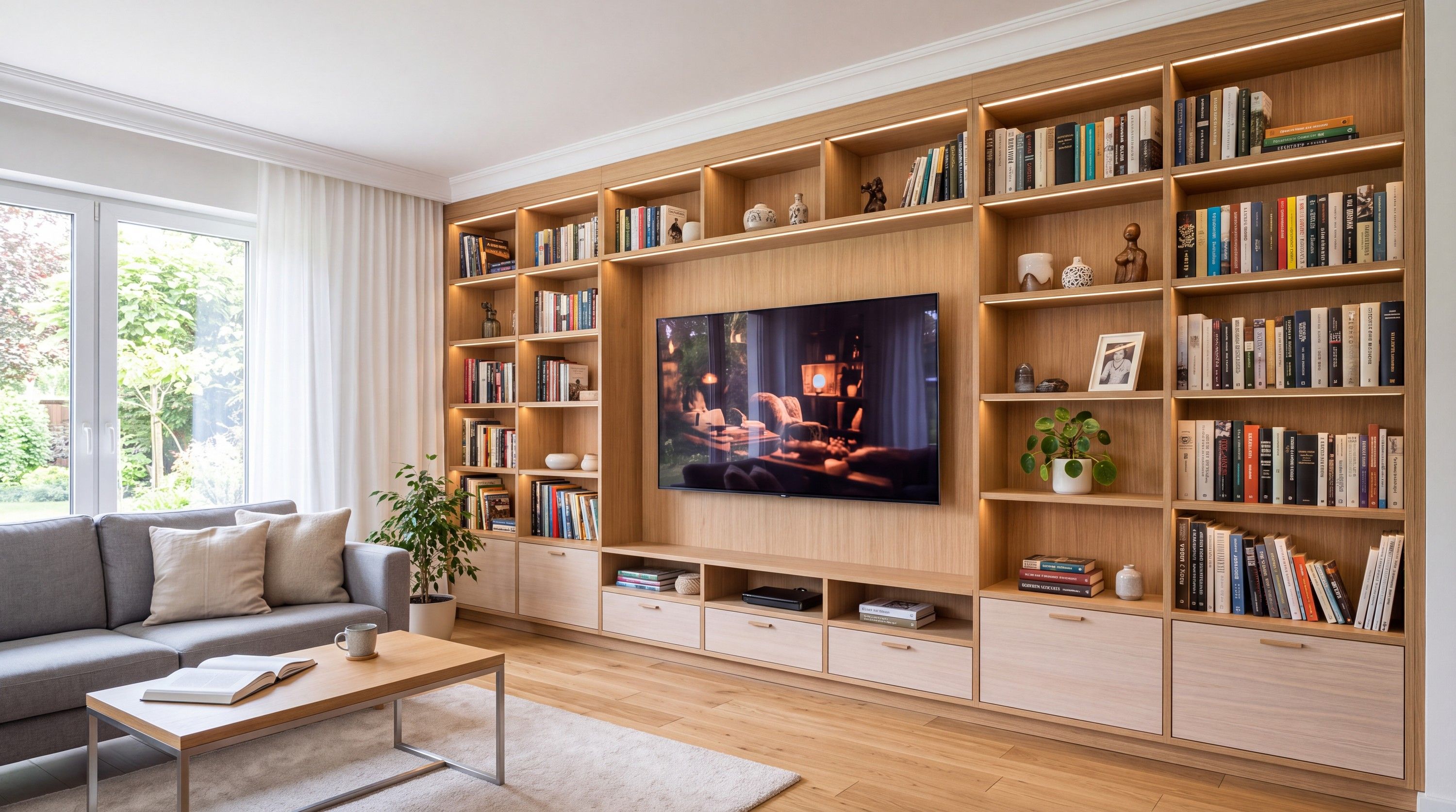 Zabudowa salonu, półki na książki wokół telewizora