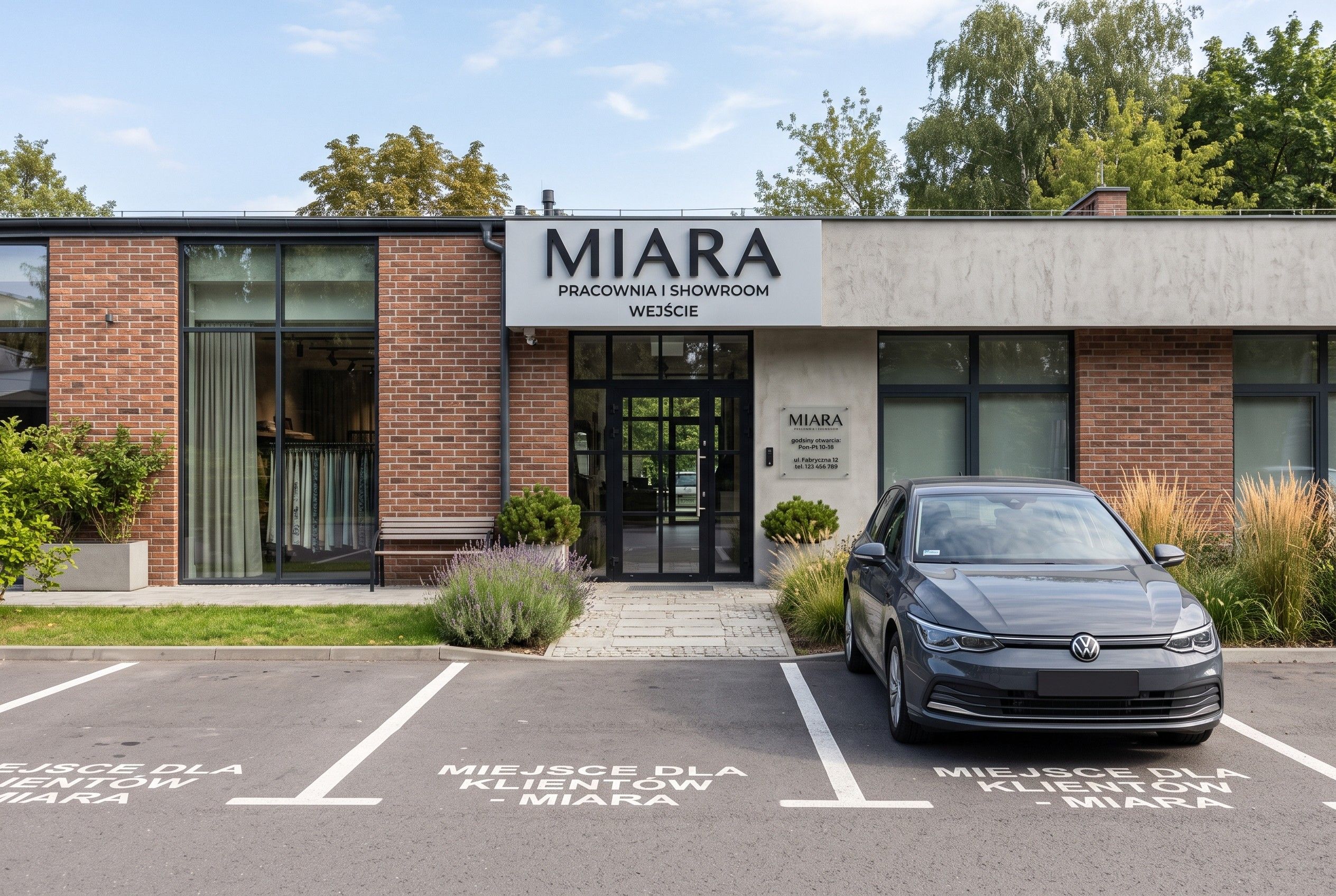 Wejście do pracowni i showroomu MIARA od strony parkingu